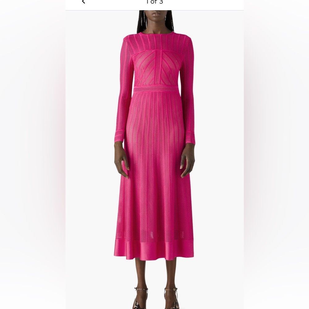 St.John Women Pink Stripe Mesh A-Line Long‎ Dress Size 18 Old Money Quiet Luxury